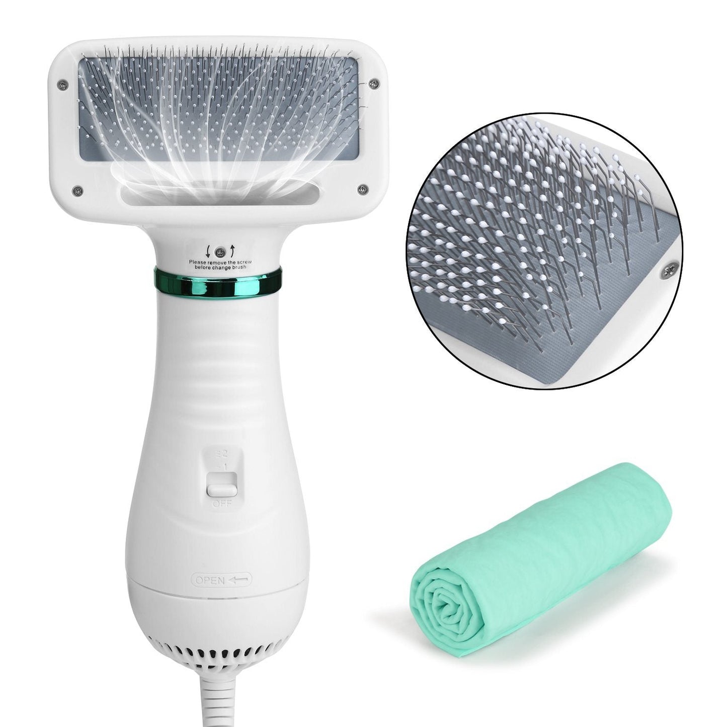 2-in-1 Pet Hair Dryer Blower Slicker Brush Portable Dog Cat Grooming Low Noise