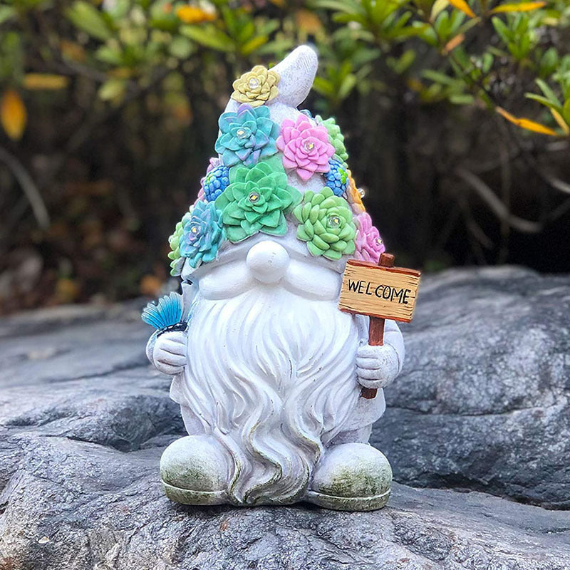 Solar Garden Gnome Statue - Succulent Plants