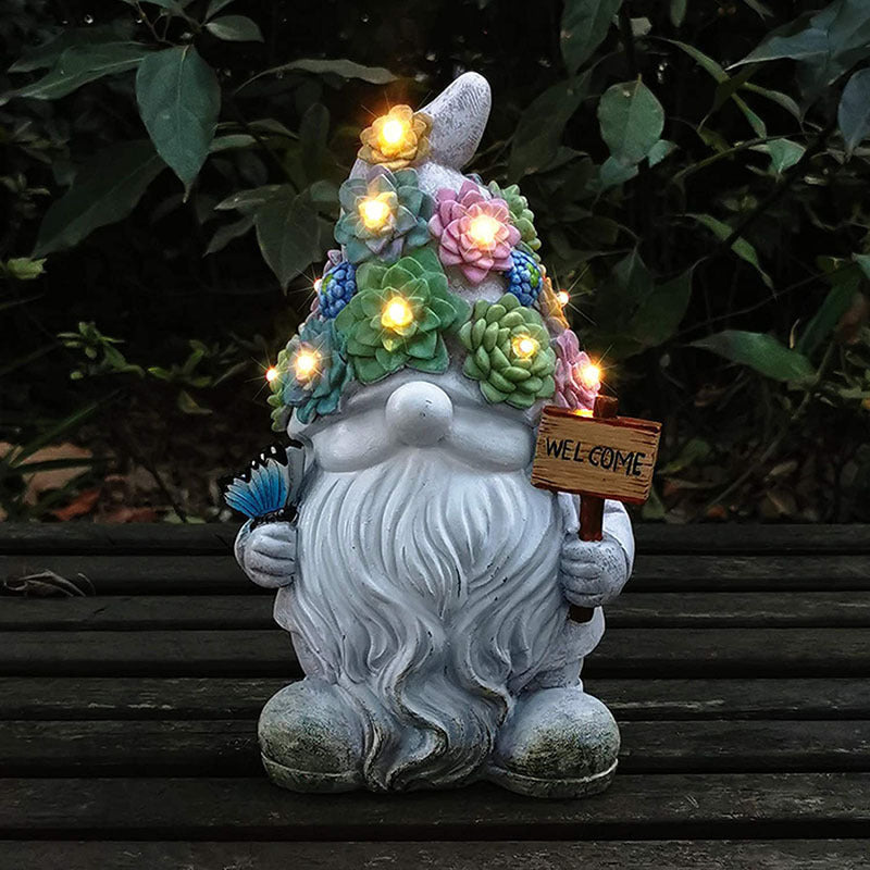 Solar Garden Gnome Statue - Succulent Plants