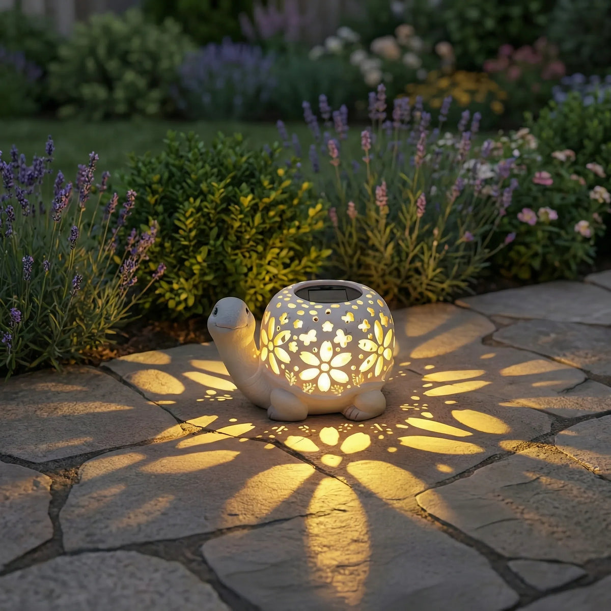 Turtle Glow Solar Garden Lantern With Floral Cutout Shell
