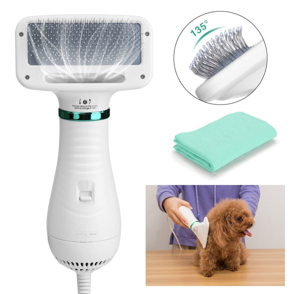 2-in-1 Pet Hair Dryer Blower Slicker Brush Portable Dog Cat Grooming Low Noise