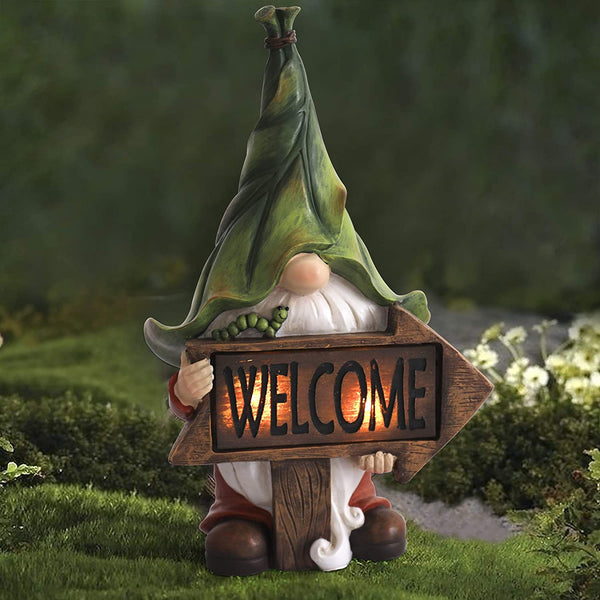 Solar Garden Gnome Statue - Welcome